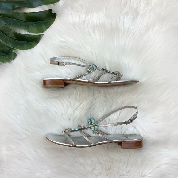 Stuart Weitzman Silver Sandals Turquoise & Crystal Gem Embellishments 9.5 - Picture 4 of 11